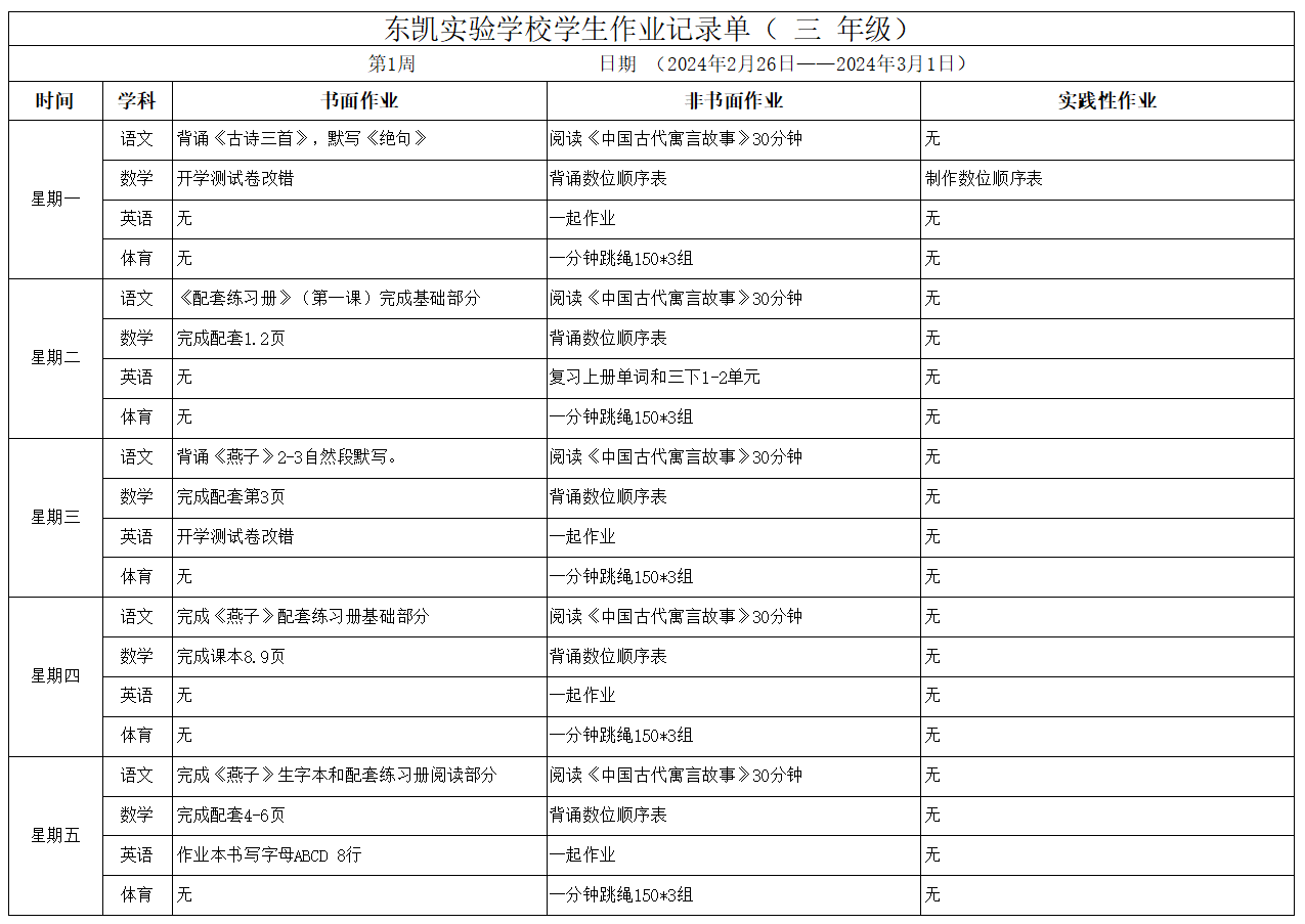 东凯实验学校小学部345年级第1周作业单