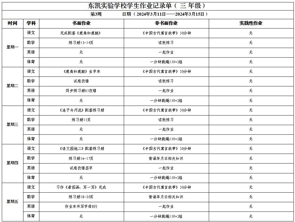 东凯实验学校小学部345年级第3周作业单