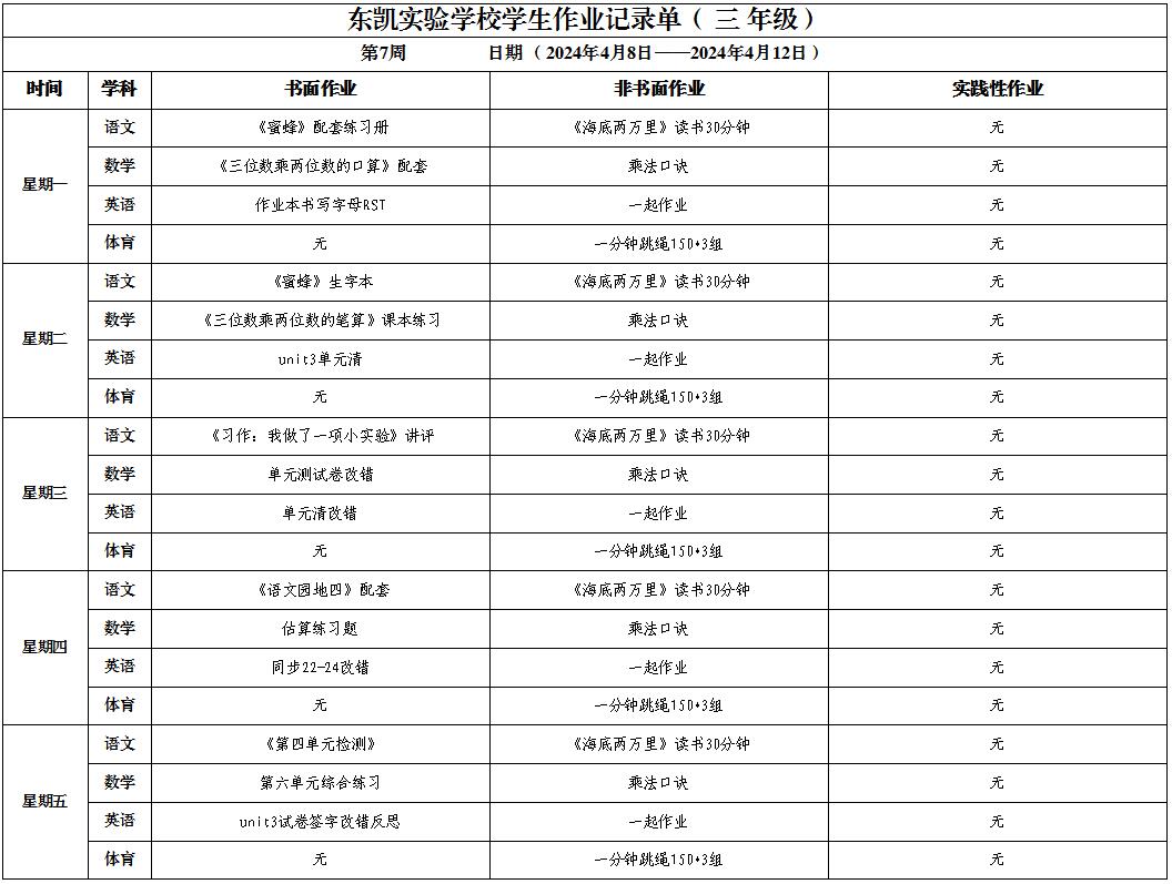 东凯实验学校小学部345年级第7周作业单