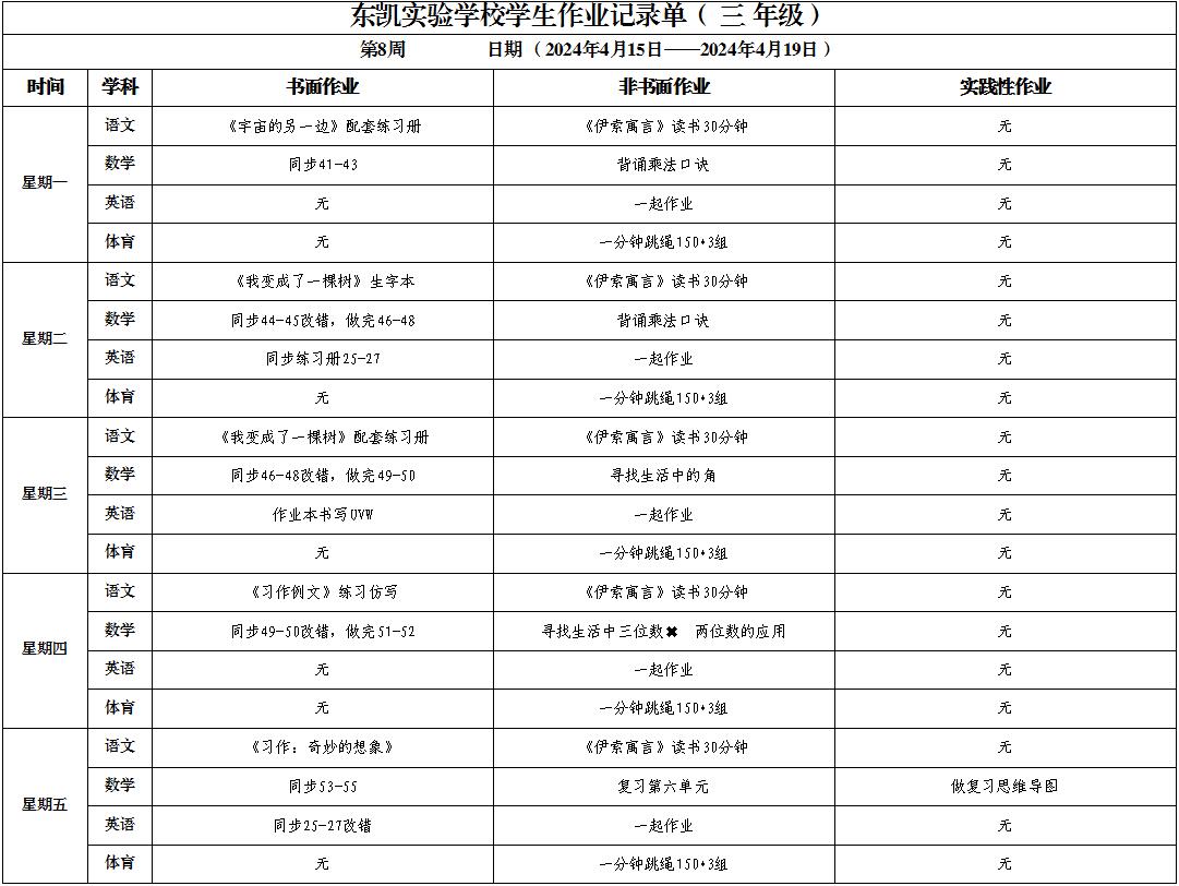 东凯实验学校小学部345年级第8周作业单