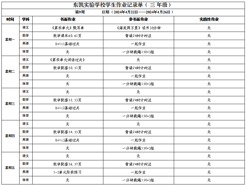 东凯实验学校小学部345年级第9周作业单