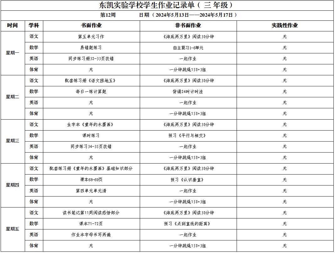 东凯实验学校小学部345年级第12周作业单