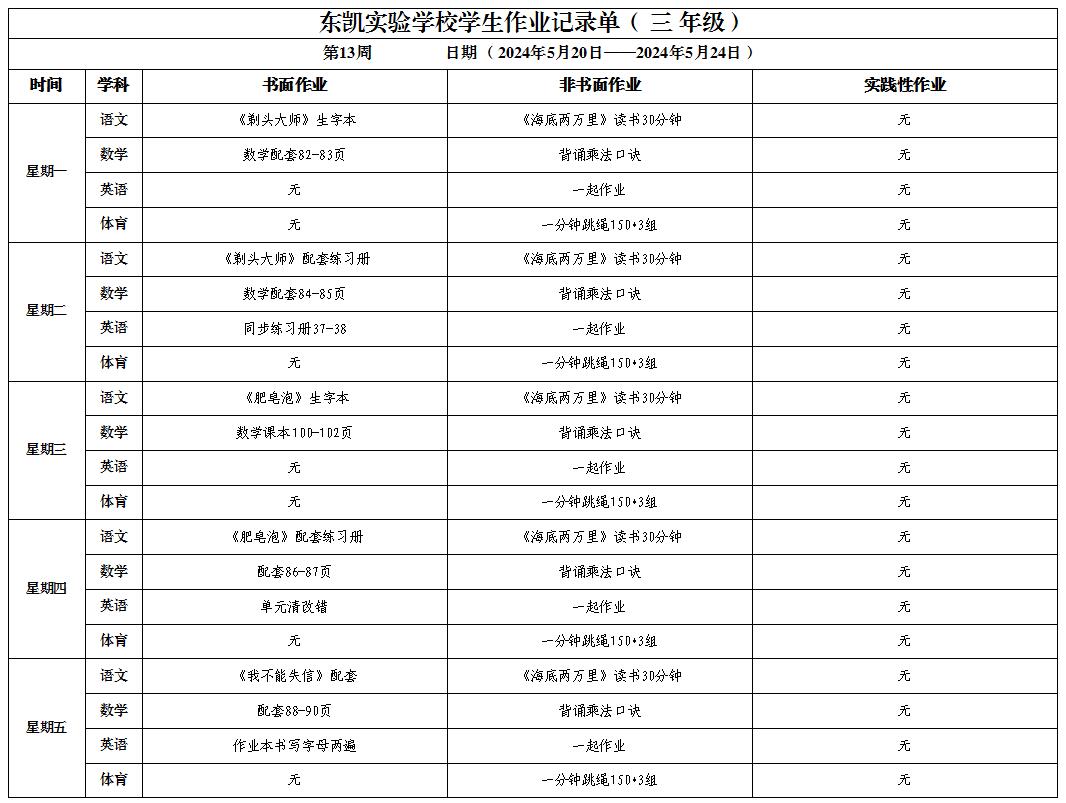 东凯实验学校小学部345年级第13周作业单