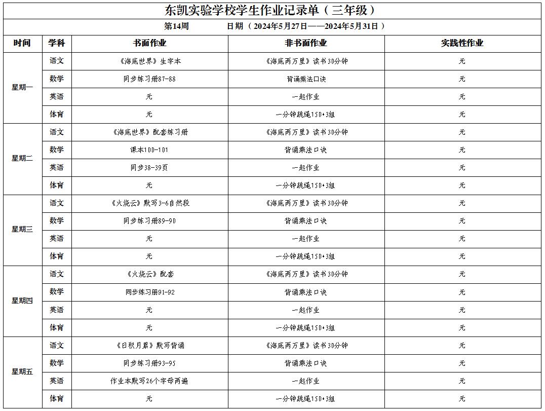 东凯实验学校小学部345年级第14周作业单