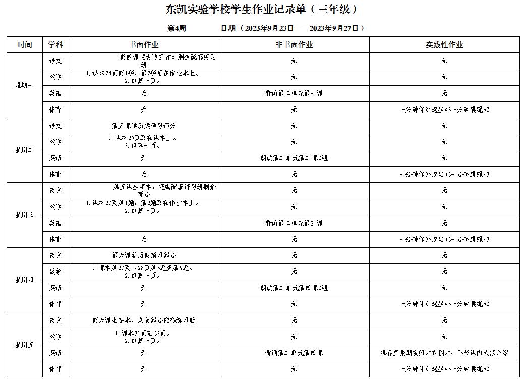 东凯实验学校小学部三至五年级第4周作业单